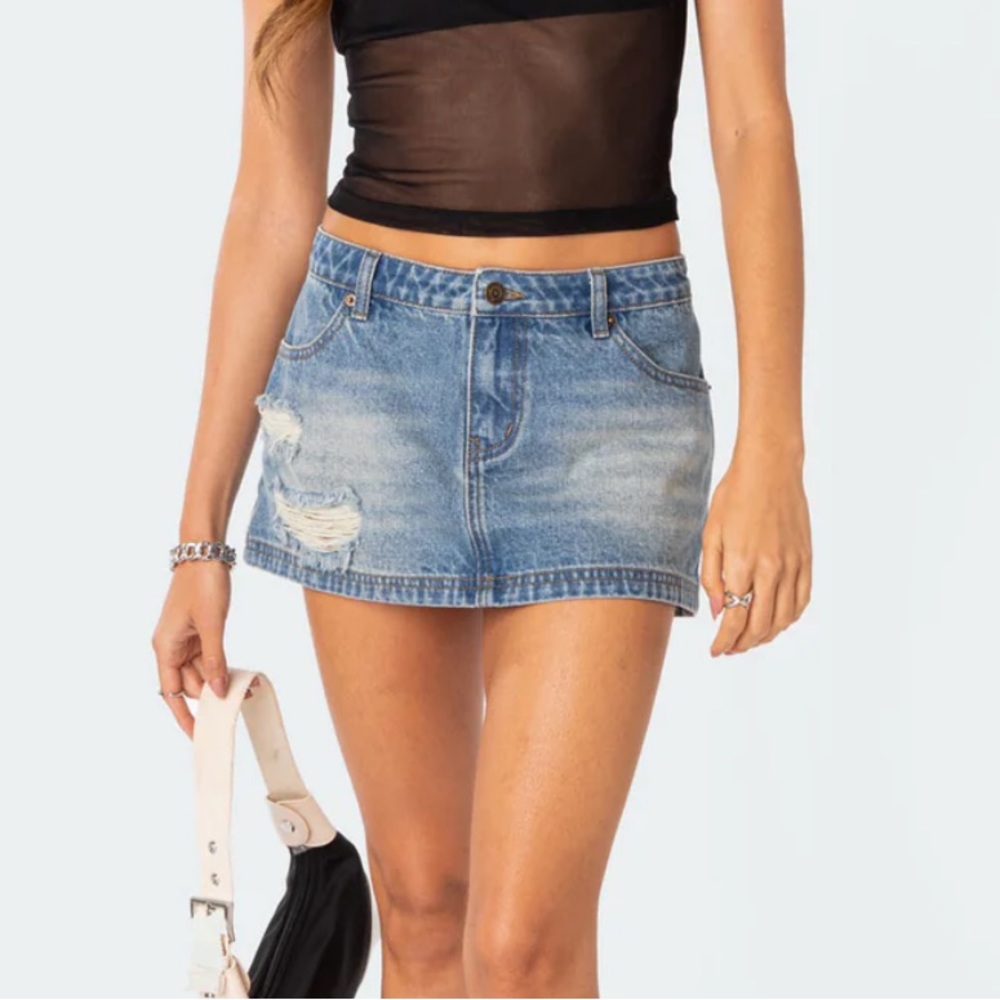 Edikted Distressed Denim Mini Skirt